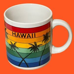 Vintage Hawaii Coffee Mug Palm Trees & Rainbow Color Souvenir Made In Korea FLAW